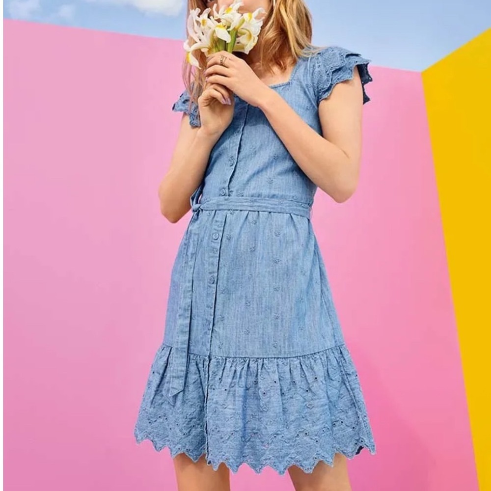 OLD NAVY | Blue Denim Chambray Embroidered Cutwork Eyelet Peasant Mini Dress, L - Picture 10 of 10